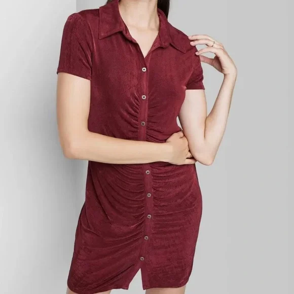 Burgundy button down cinched mini dress - Picture 7 of 7